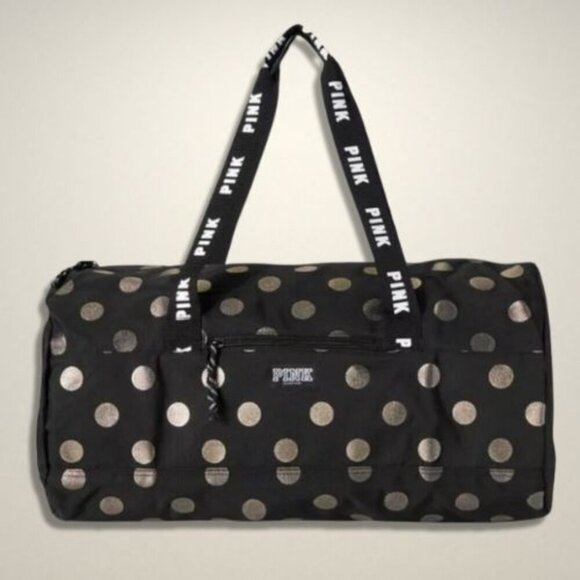 Victoria's Secret PINK Duffle Bag Secure Zip Closure Lightweight Black/Gold OS‎ - Picture 1 of 8